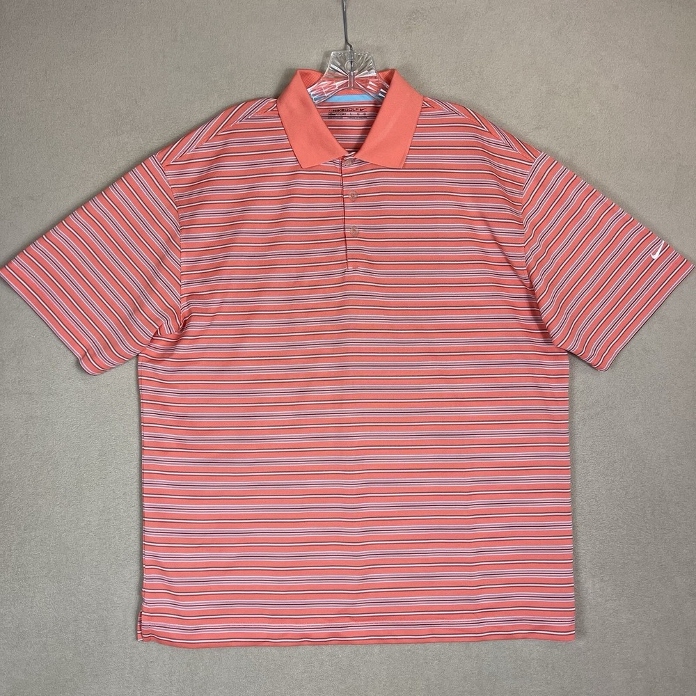 Nike Golf Polo Shirt Adult Orange Large Stripped Fit Dry Short Sleeve Mens